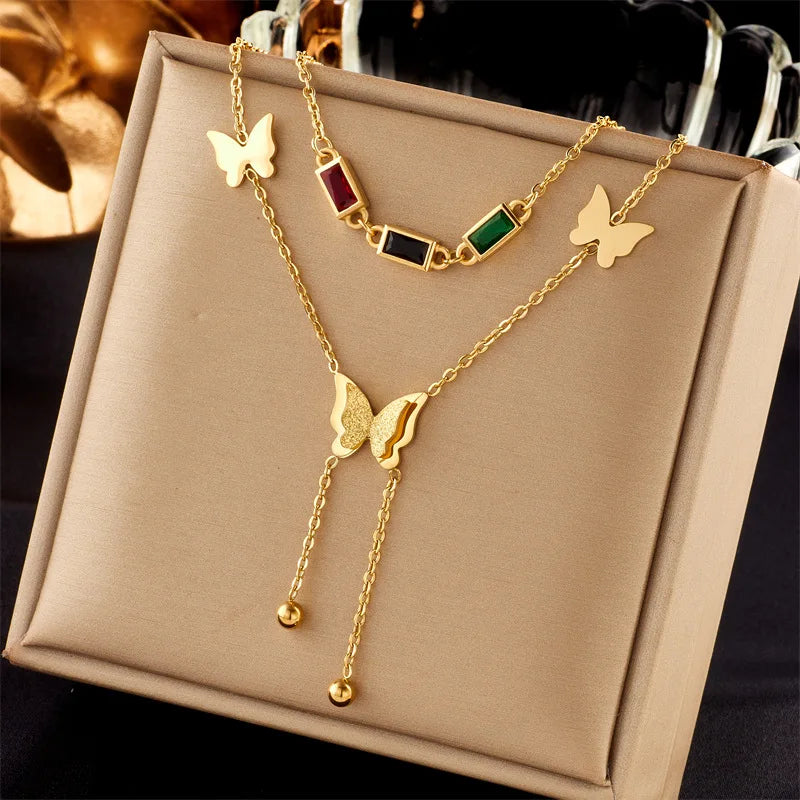 Wholesale Luxury Colorful Zircon 18k Gold Plated 316L Stainless Steel Butterfly Tassel Necklace Earrings Set Jewelry for Women