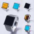 Fashion Jewelry Natural Stone Ring 18k Gold Stainless Steel Turquoise Onyx Square Shape Tiger Eye Ring for Men
