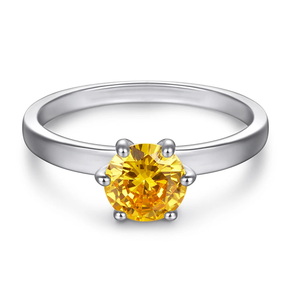 Classic Solitaire Rings Round Cut Yellow Stone  Rhodium Plated Thick 18K Gold Plated 925 Sterling Silver Engagement Wedding Ring