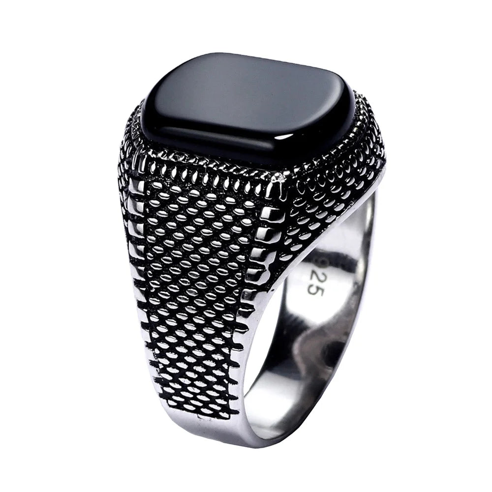 Turkish Jewelry Black Ring Men Real 925 Sterling Silver Mens Rings Natural Onyx Agate Stone Vintage Cool Fashion MegaBDM