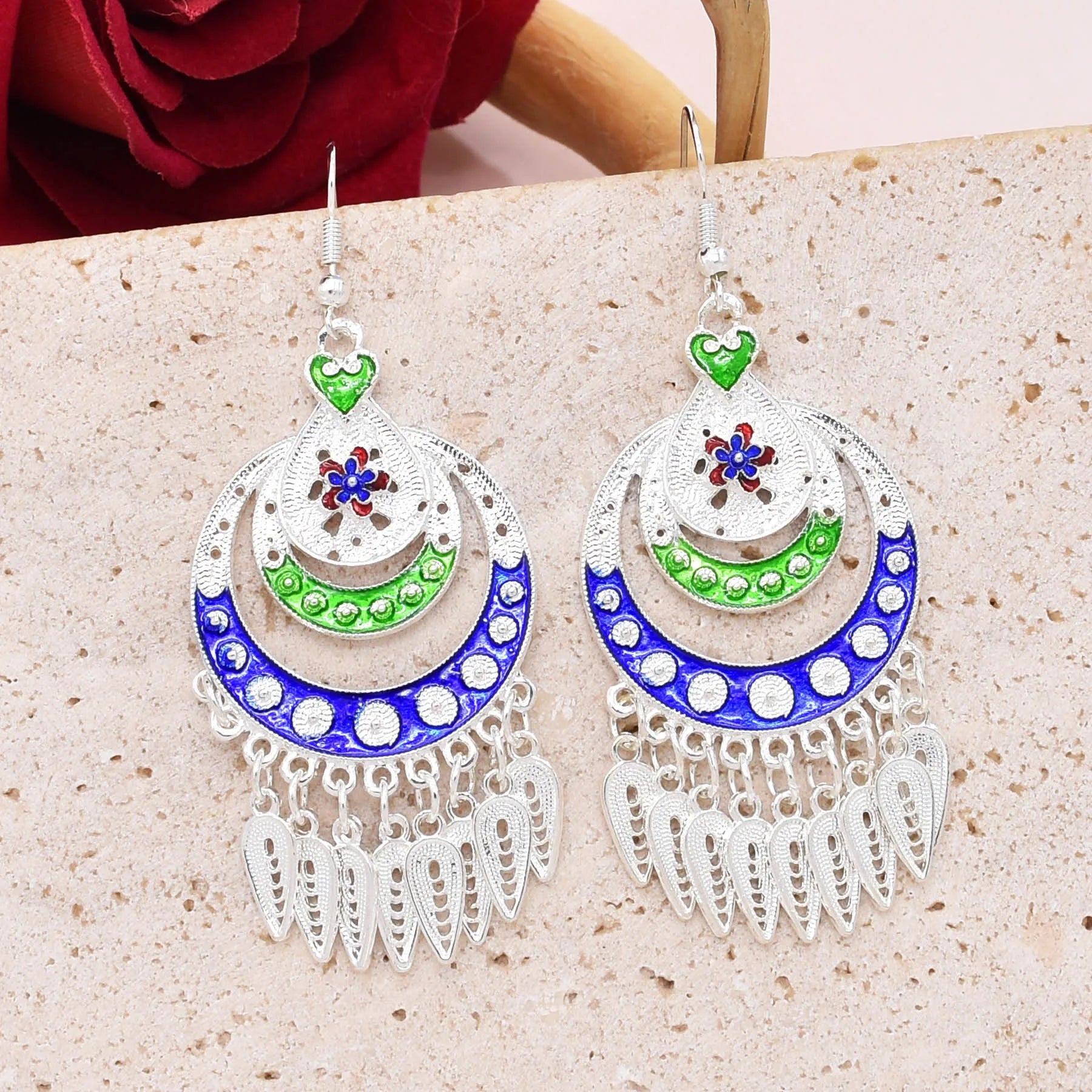 Fashion Blue Green Enamel Flower Dangle Earrings Drop Tassel for Women Party Gift Jewelry