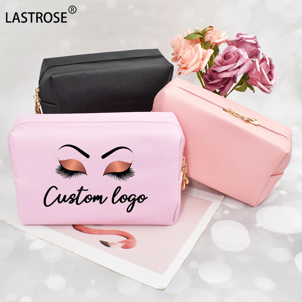 Pink PU Leather Toiletry Bag Zipper Makeup Travel Bag Print Your logo Makeup Bag