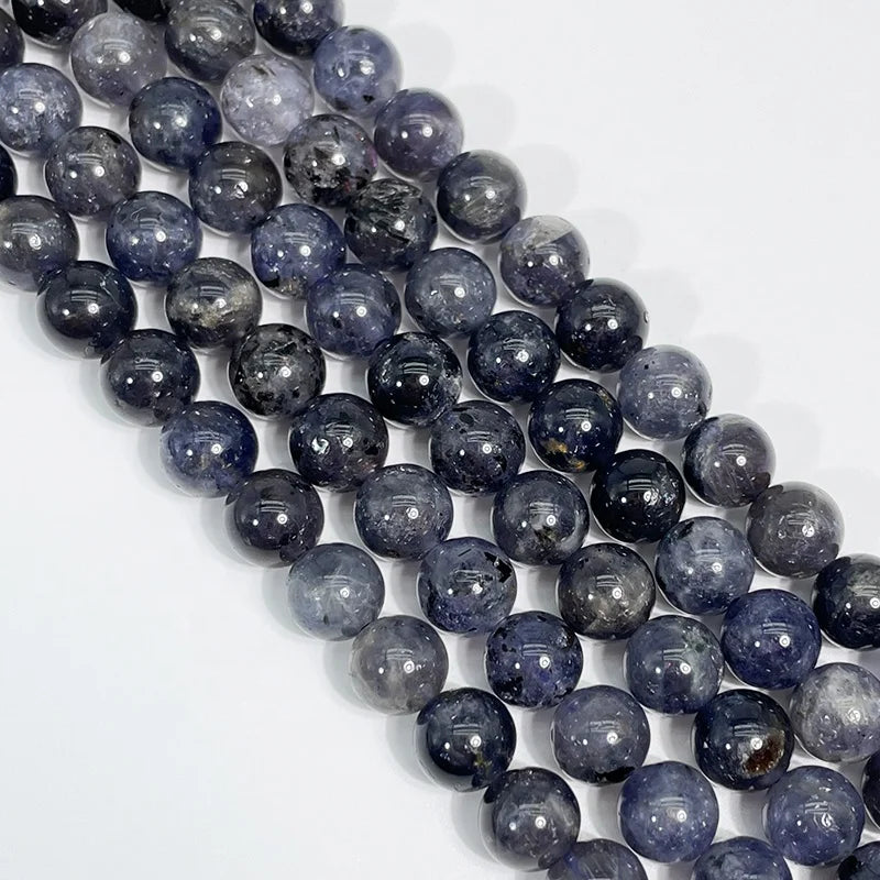 Natural Round Smooth Grey Blue Iolite Stone Beads Loose Beads for Jewelry Making Bracelet Necklace Beaded