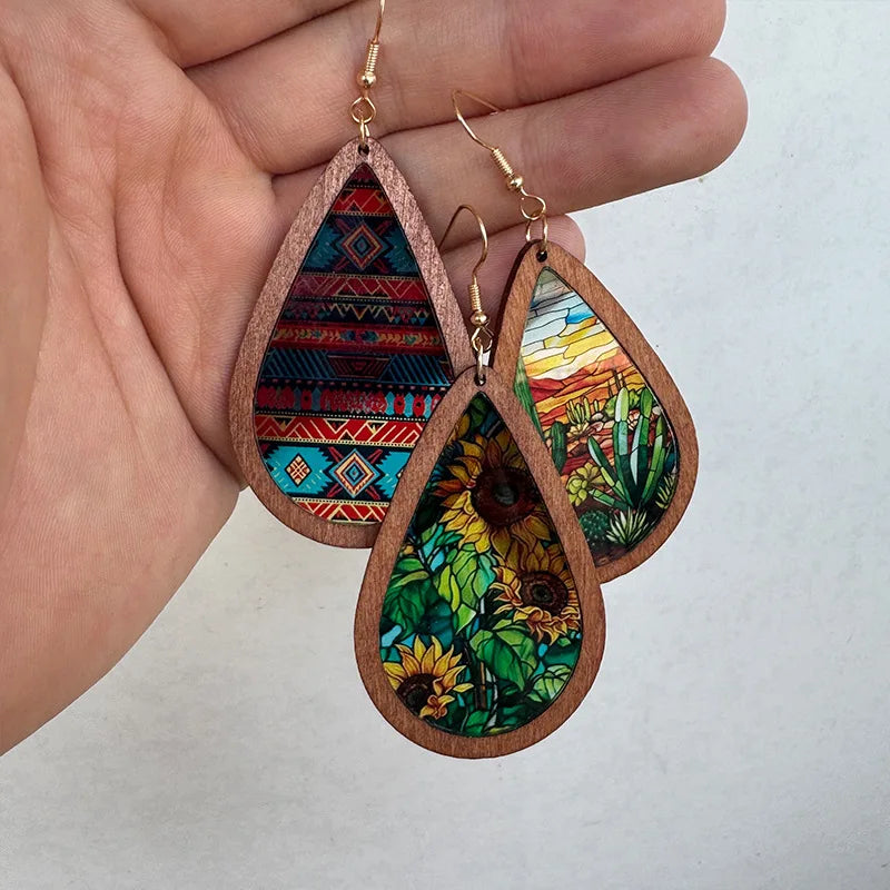 Bohemian Wood Earrings Drop Shape Colorful Printed Acrylic Charm Earrings for Vintage Jewelry Women