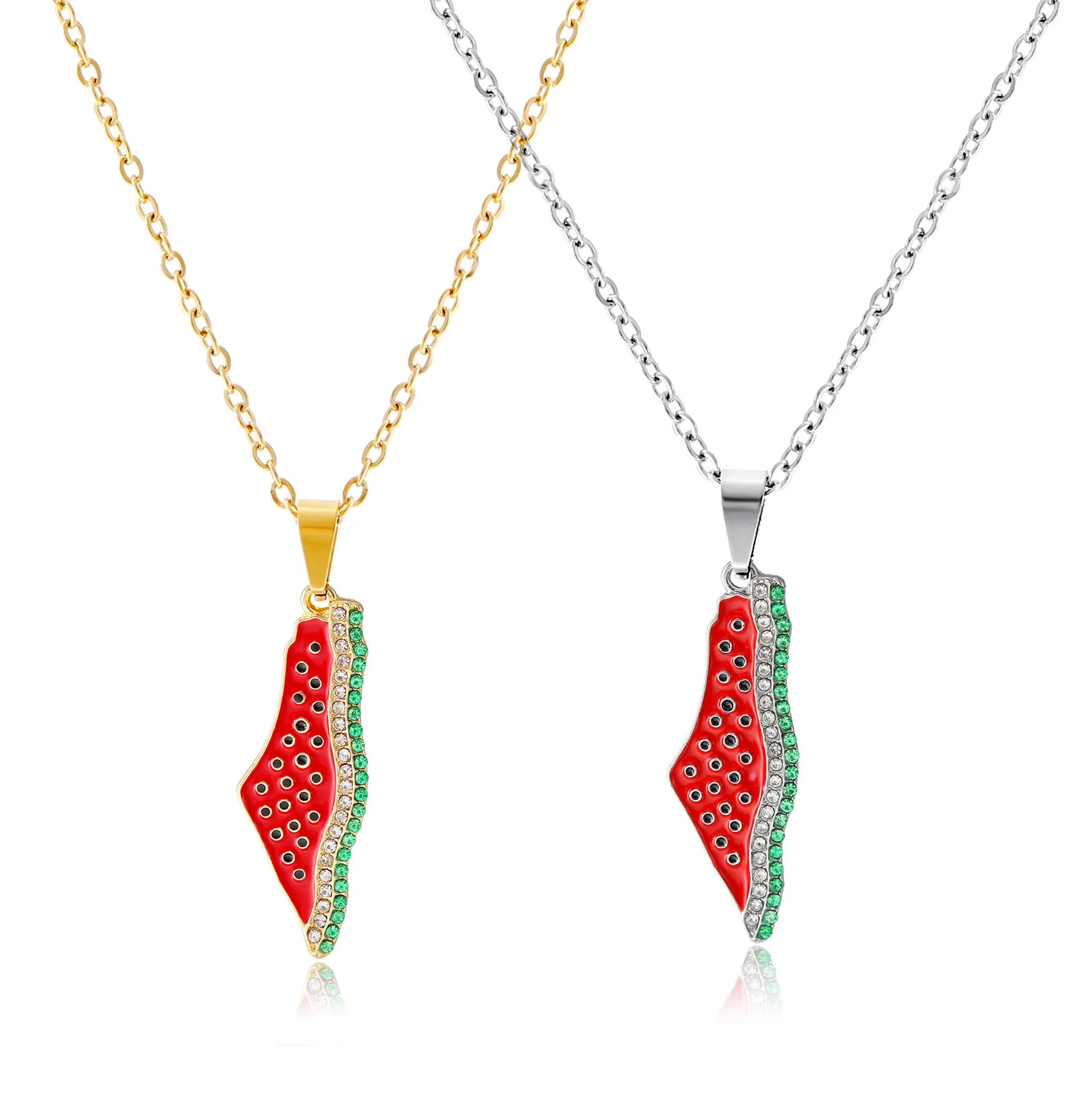 Manufacturer Rhinestone Watermelon Palestine Map Chain Necklace Enameled 18K Gold Plated Enamel Palestine Flag Pendant Necklace