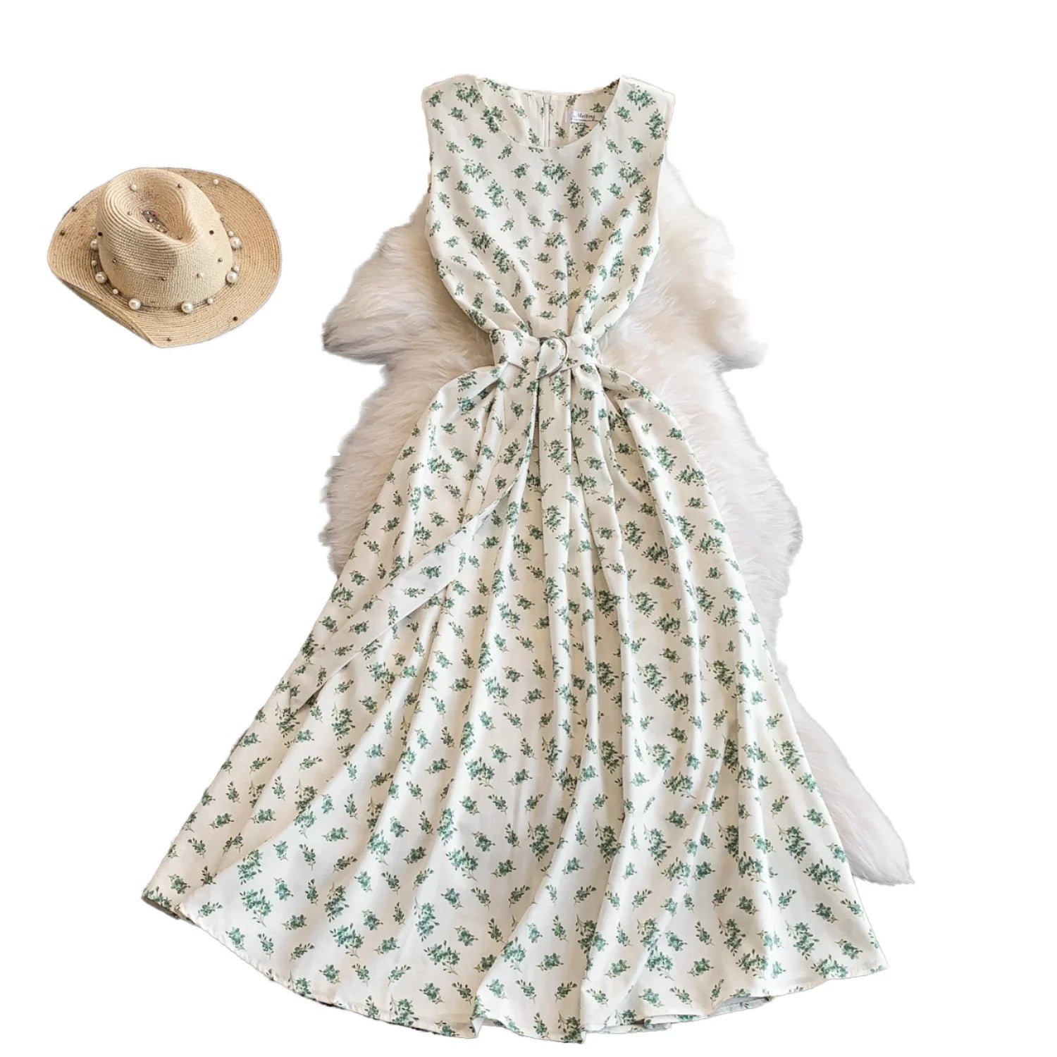 Women's Summer New Tie French Retro Floral Midi Dresses Sleeveless A-Line Casual Ruched Decoration Breathable Woven Natural