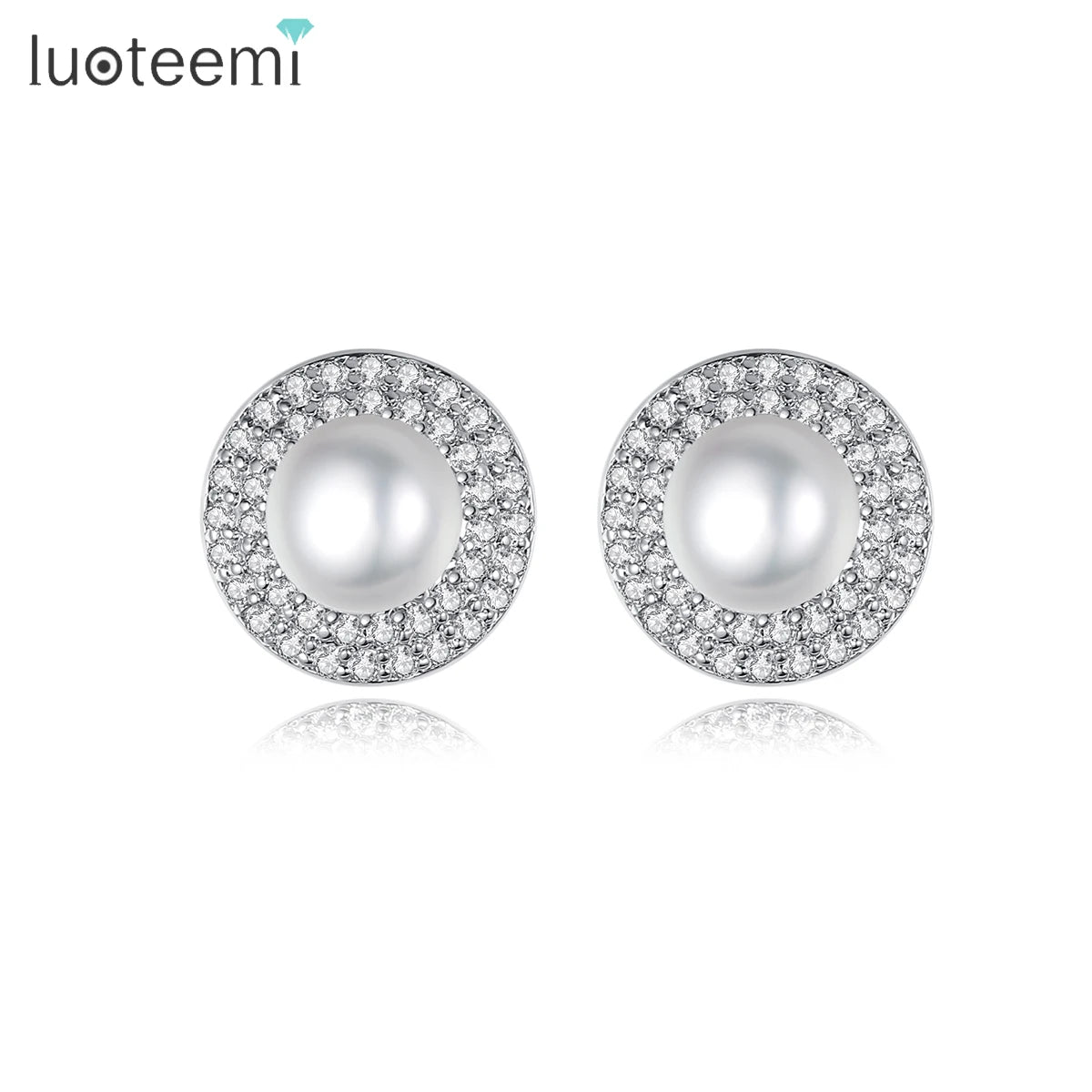 LUOTEEMI Women Large Pearl Rhinestone Baroque Stud Earrings Zircon Pearl Button Shaped Stud Earrings