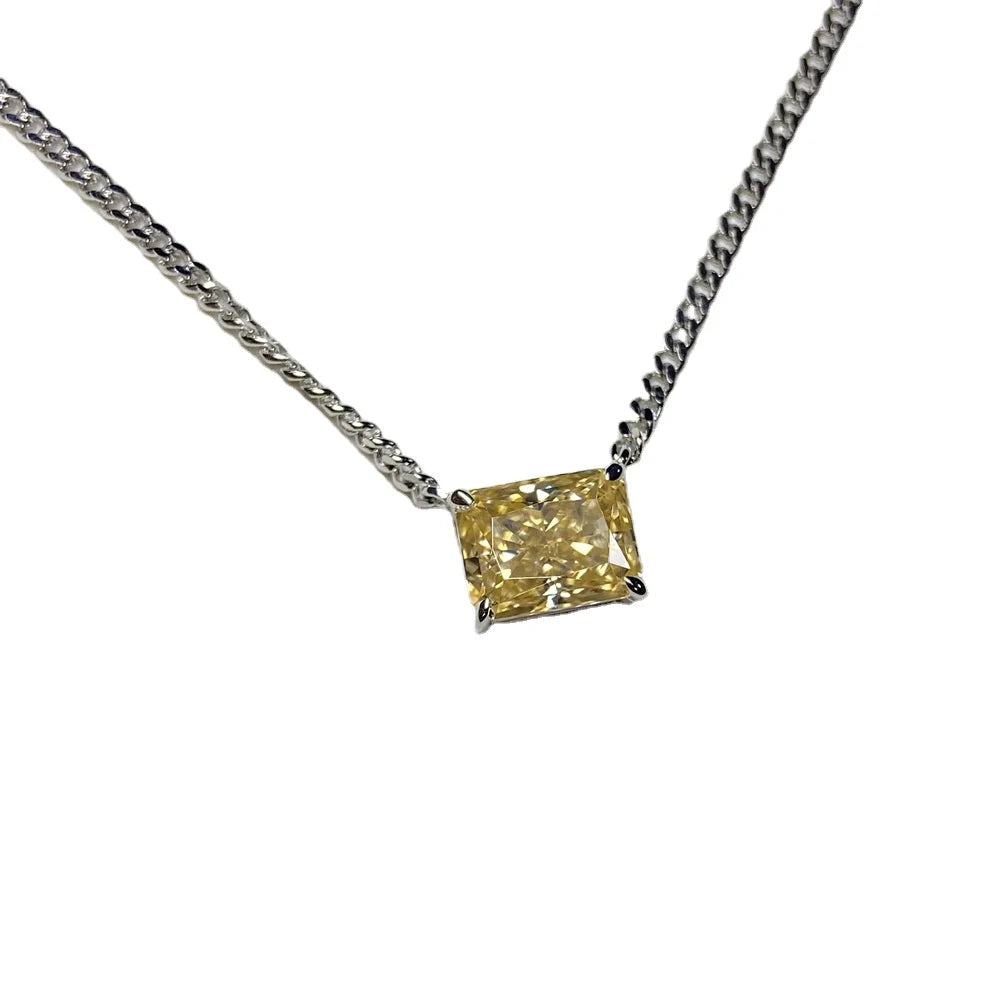 HQ GEMS 4 Carat Yellow Moissanite Stone Sliver Chain Moissanite Pendant Necklace