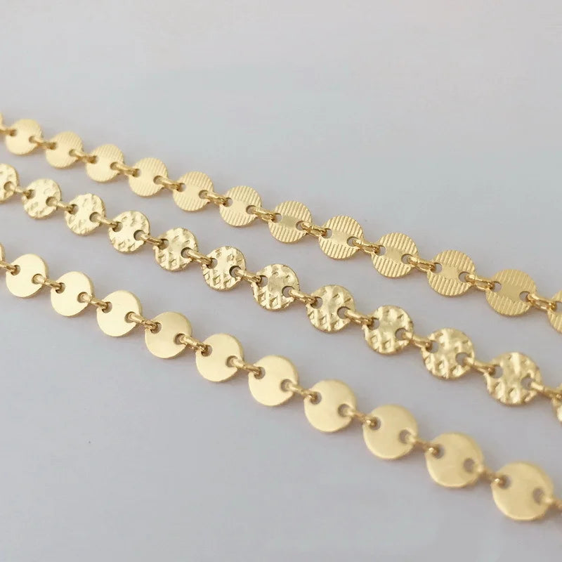 1/20 14K Gold Filled 4mm Flat Sequin Disc Chain Roll Plain/Hammered/Textured/Pattern Link and Bar Chain DIY Jewelry Accessories