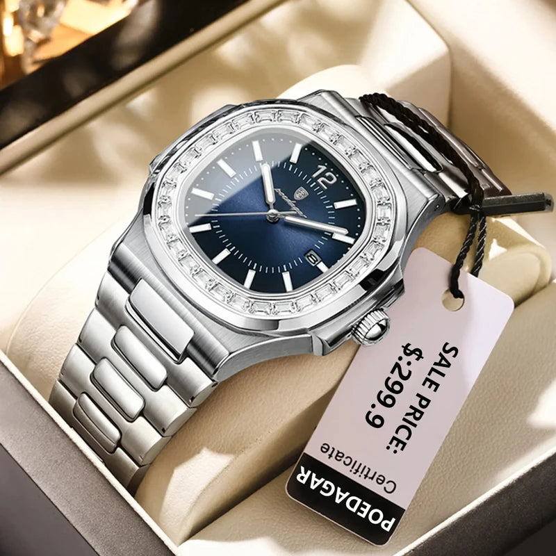 POEDAGAR 918 Luxury Quartz Watch Square Watch for Men Waterproof Luminous Date Stainless Steel Men's Watches Sports Clock Reloj