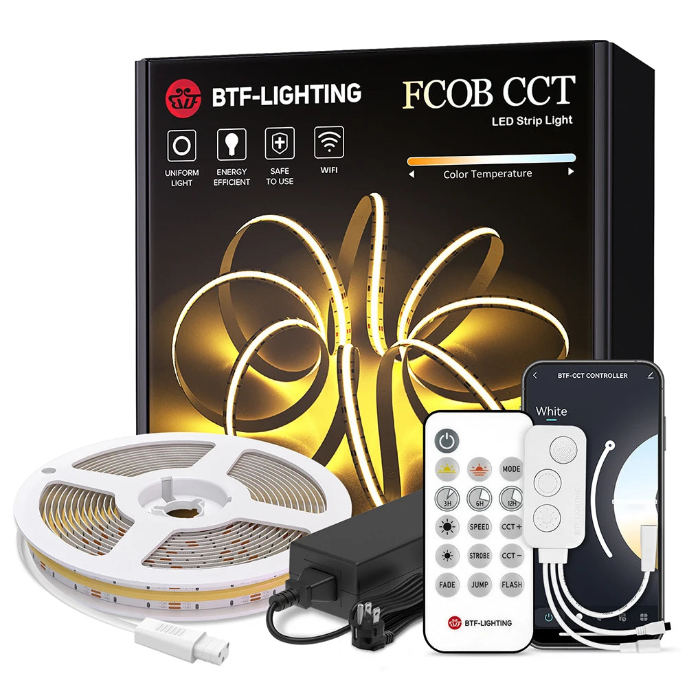 BTF FCOB CCT Led Lights Kit 640 LEDs Tuya Voice Wifi Blue Tooth APP Dimmable Tunable White High Density FOB COB Led Light Strip