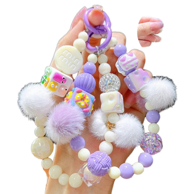 Creative Fashion Fluff Ball Beads Keychain Hand Drawn Doll Letters Phone Chain Bag Hanging Accessories Headphone Bracelet Beaded