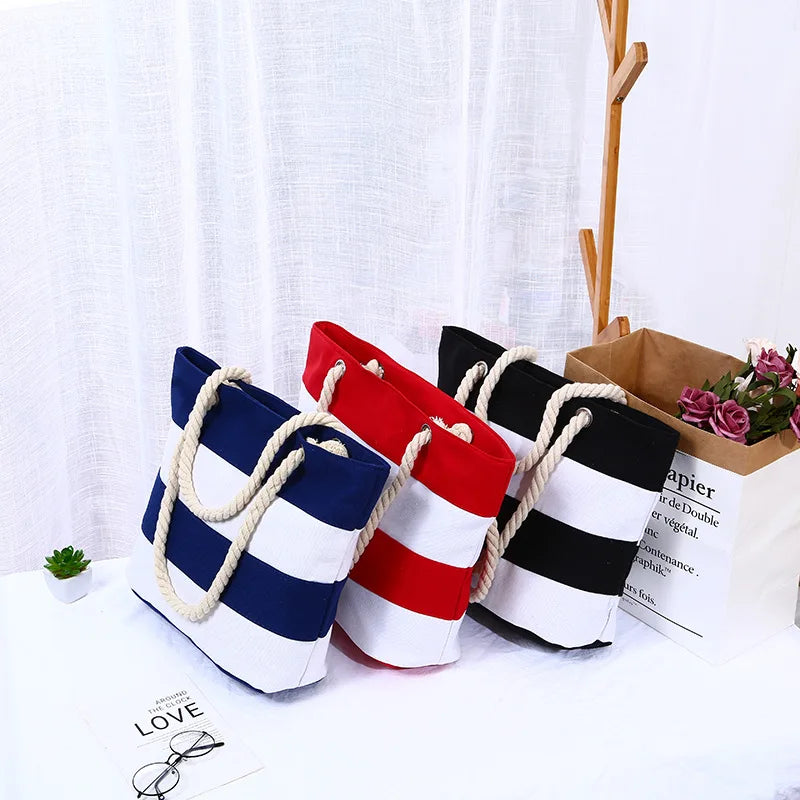 New Beach Tote Bag Fashion Women Canvas Summer Large Capacity Striped Shoulder Bag Tote Handbag Shopping Shoulder Bags