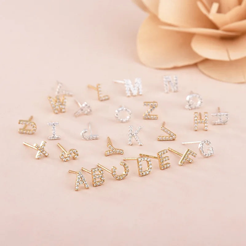 Tiny A-Z Initial Letter Studs 925 Sterling Silver Gold Plating Dainty Cz Zircon 26 Alphabet Stud Earrings for Women