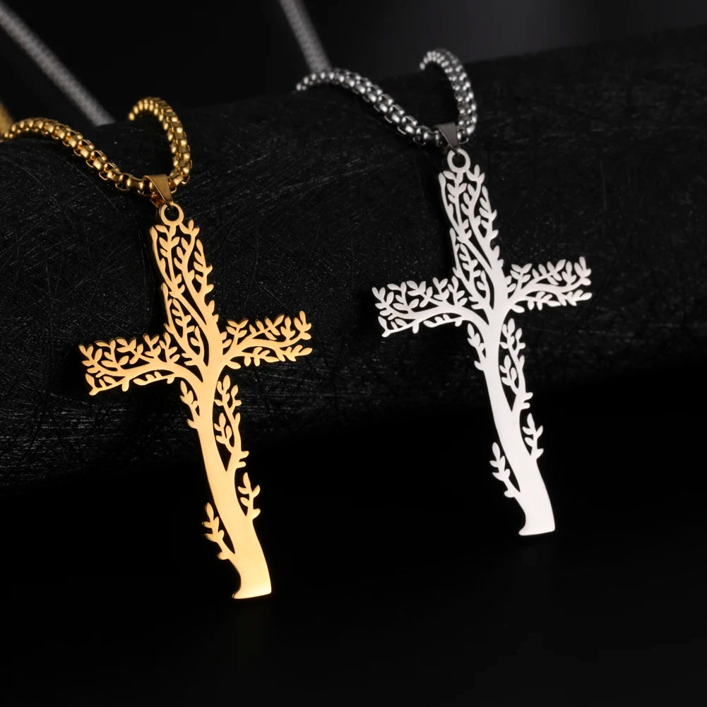Myshape Tree of Life Cross Necklace for Men Stainless Steel Gold Color Viking Jewelry Chain Necklaces Religious 2021 Wholesale