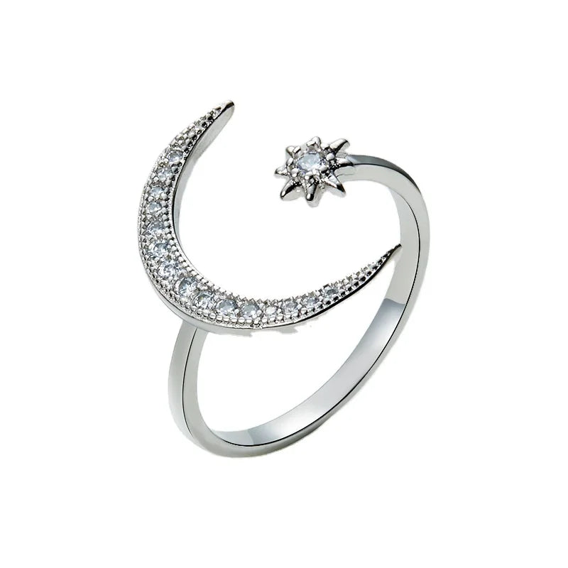 Moon and Star Adjustable Ring Simple Diamond Opening Adjustable Couple Ring Crescent Star Moon Ring for Ladies