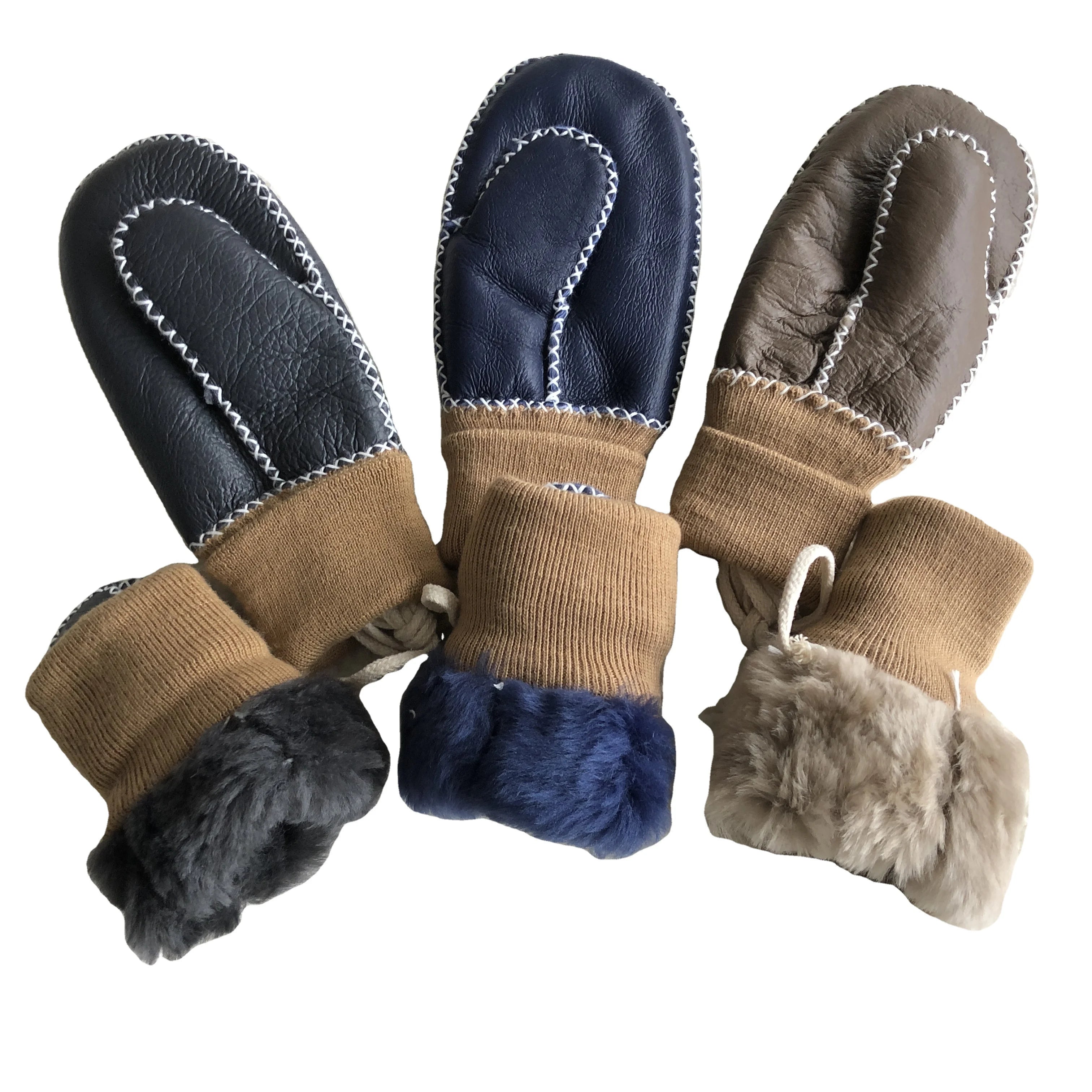 Sample Support Winter Warm Real Sheepskin Leather Mittens Genuine Fur Children Mittens Gloves for Girls and Boys
