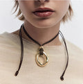 New Design ZA Thick Black Leather Rope Chokers Necklaces for Women Trendy Metal Geometric Circular Pendant Necklace Jewelry