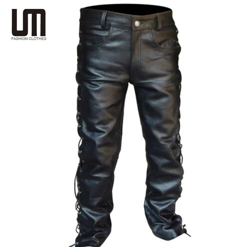 OEM Wholesale New Trend Stylish Men Clothing Casual Lace up PU Faux Leather Pants Straight Trousers