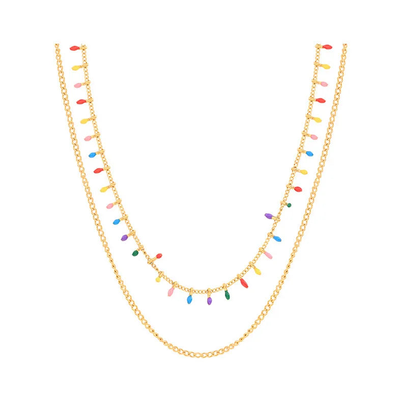 Boho Stainless Steel 18k Gold Plated Enameled Beads Tassels Thin Choker Double Layers Layered Statement Necklace Jewelry Women