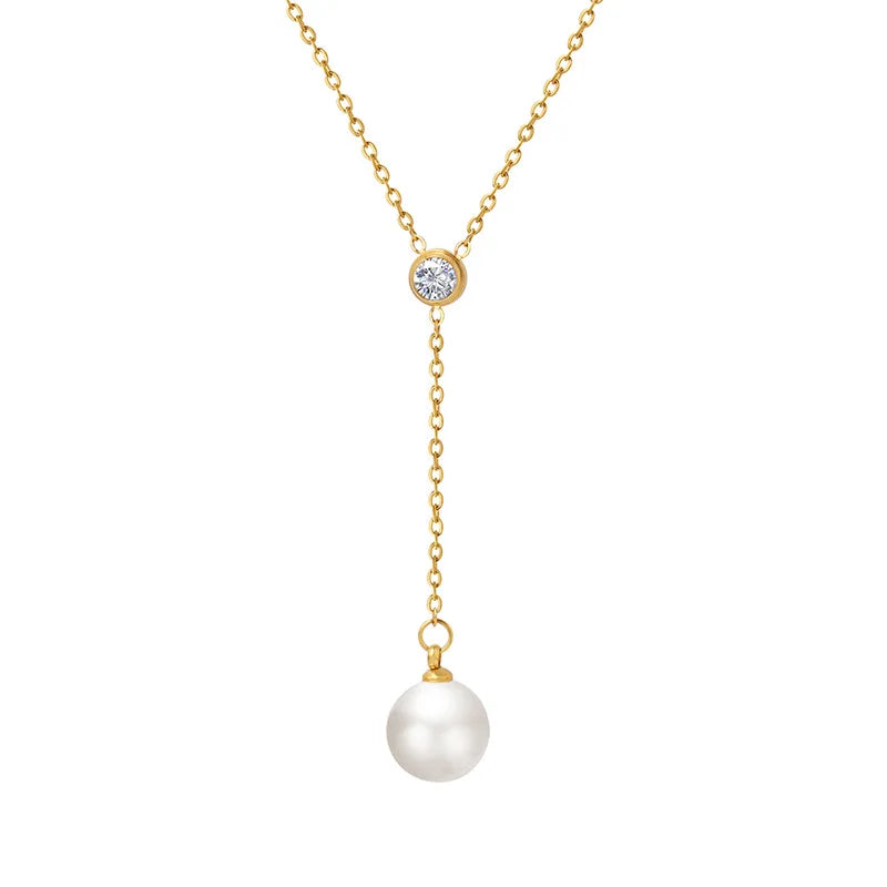Stainless Steel Plated 18k Gold Chain Imitation Pearl Pendant Fashion Simple Popular Clavicle Chain Zircon Necklace