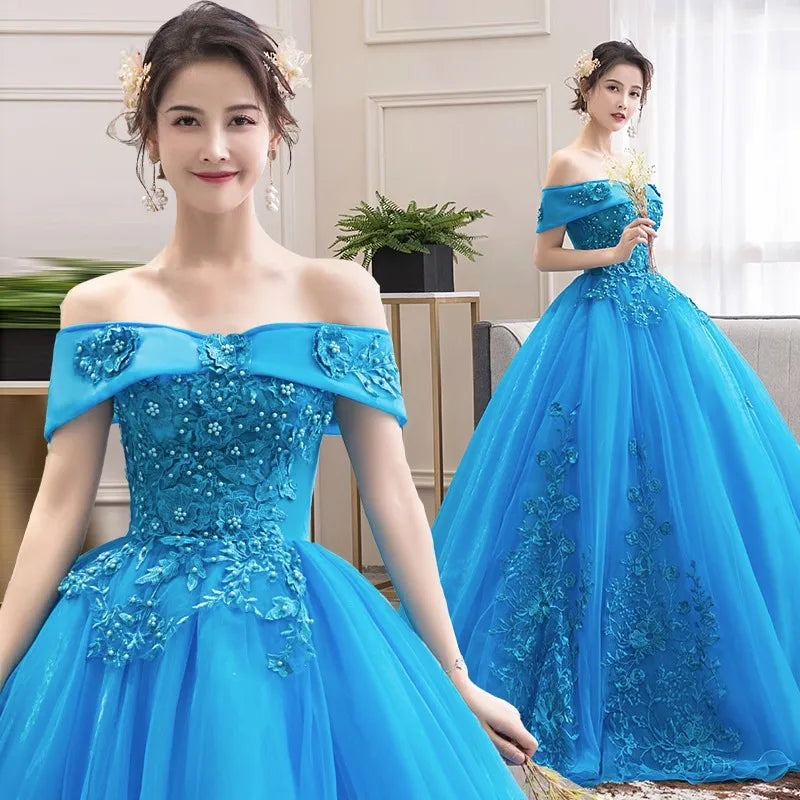 Hot Sale Elegant Ladies One-shoulder Annual Meeting Performance Dress Long Length Blue Lace Evening Gown