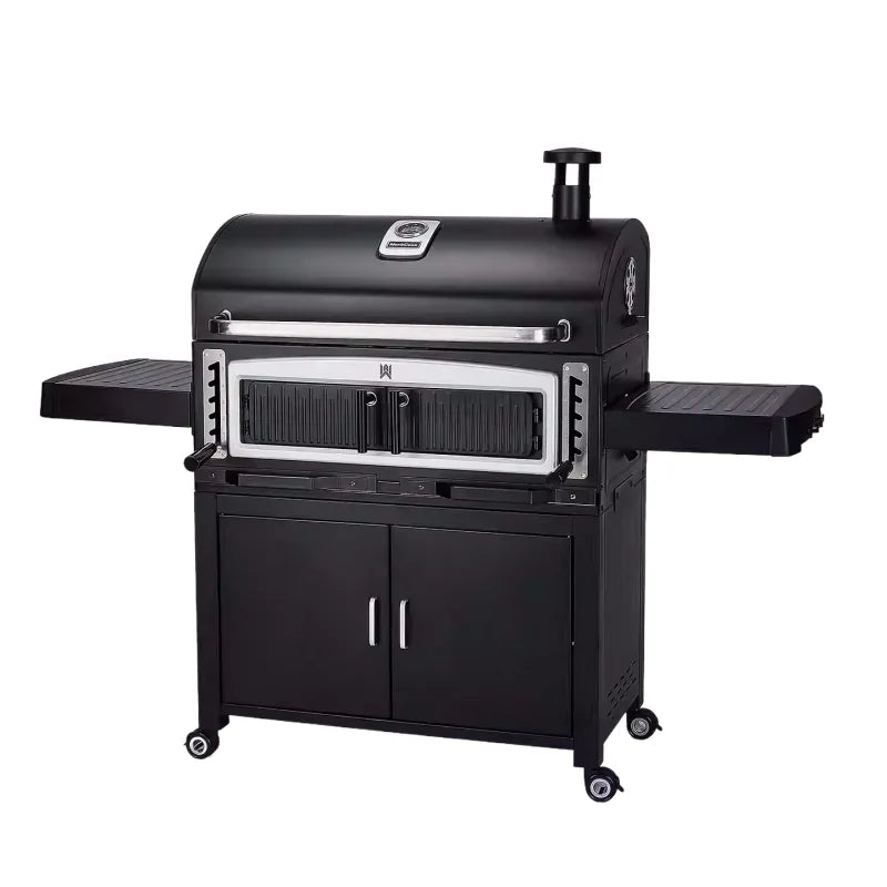 Outdoor Heavy Duty Charcoal BBQ Grills Trolley Portable Cast Iron Barbecue Grid Smoker BBQ Grill with Rotisserie and Cabinet