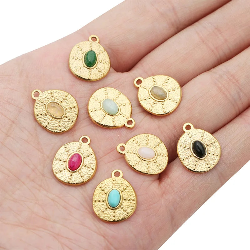 Stainless Steel Vintage Pendant Accessories Vacuum Plated Women Bracelet Bling Crystals Natural Gem Stone Charms