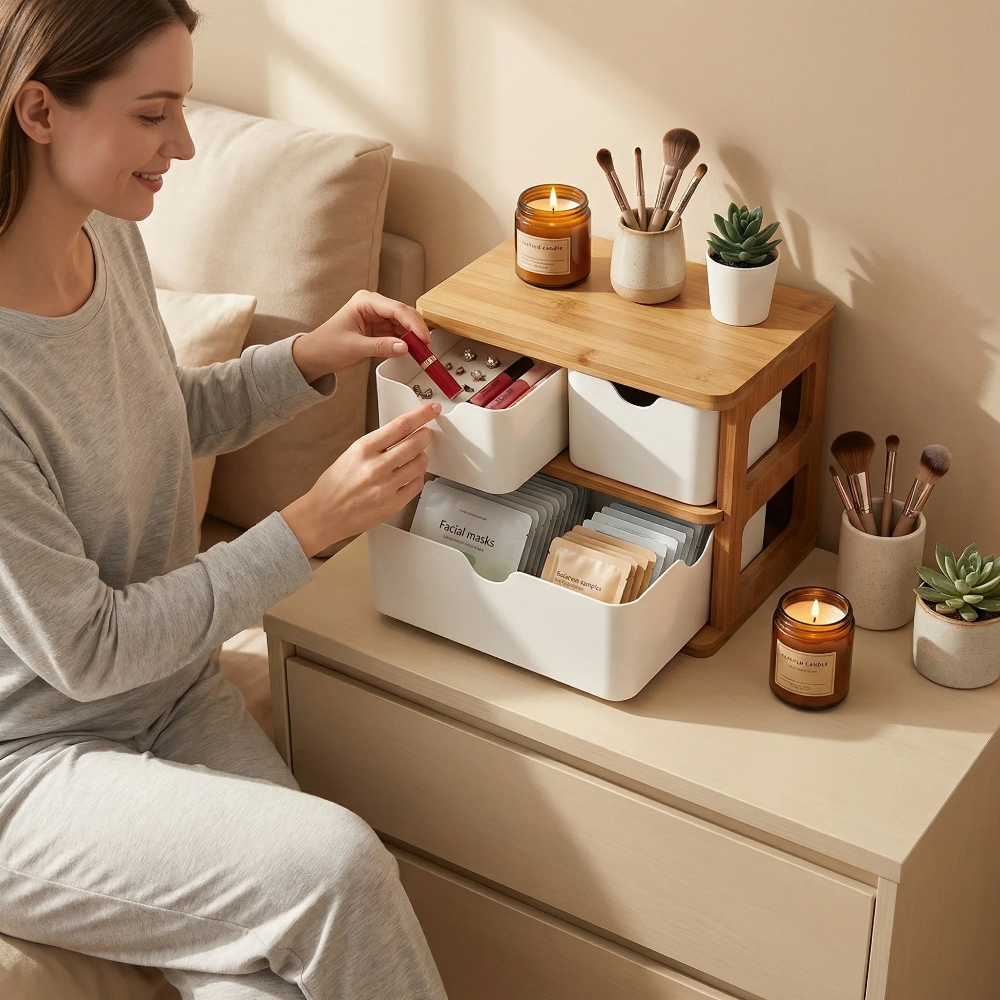 Eco-friendly Bamboo  Desk Jewellery Organizer Storage Organizer Box Holder with 3 Bamboo Fiber Drawers for Office Space Save