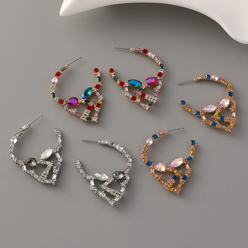 Vintage Gold Plated Diamond Geometric Earrings Colorful Rhinestone Crystal Skull Head Stud Earrings Women