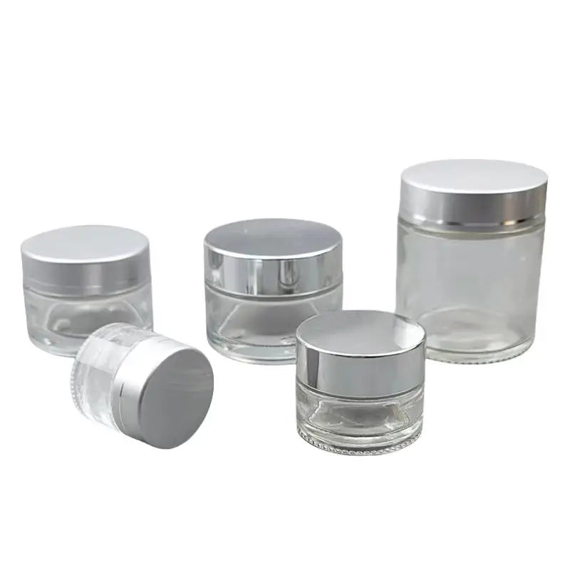 Transparent Glass Cosmetics Bottle with Silver Lid 5g 30g 50g Sizes for Skin Care Serum and Face Cream Screw Cap Sealing