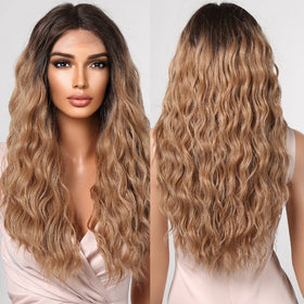Synthetic Lace Wig Brown Ombre Lace Front Wigs Long Curly Wavy with Dark Root Wigs for Women Daily Cosplay Glueless