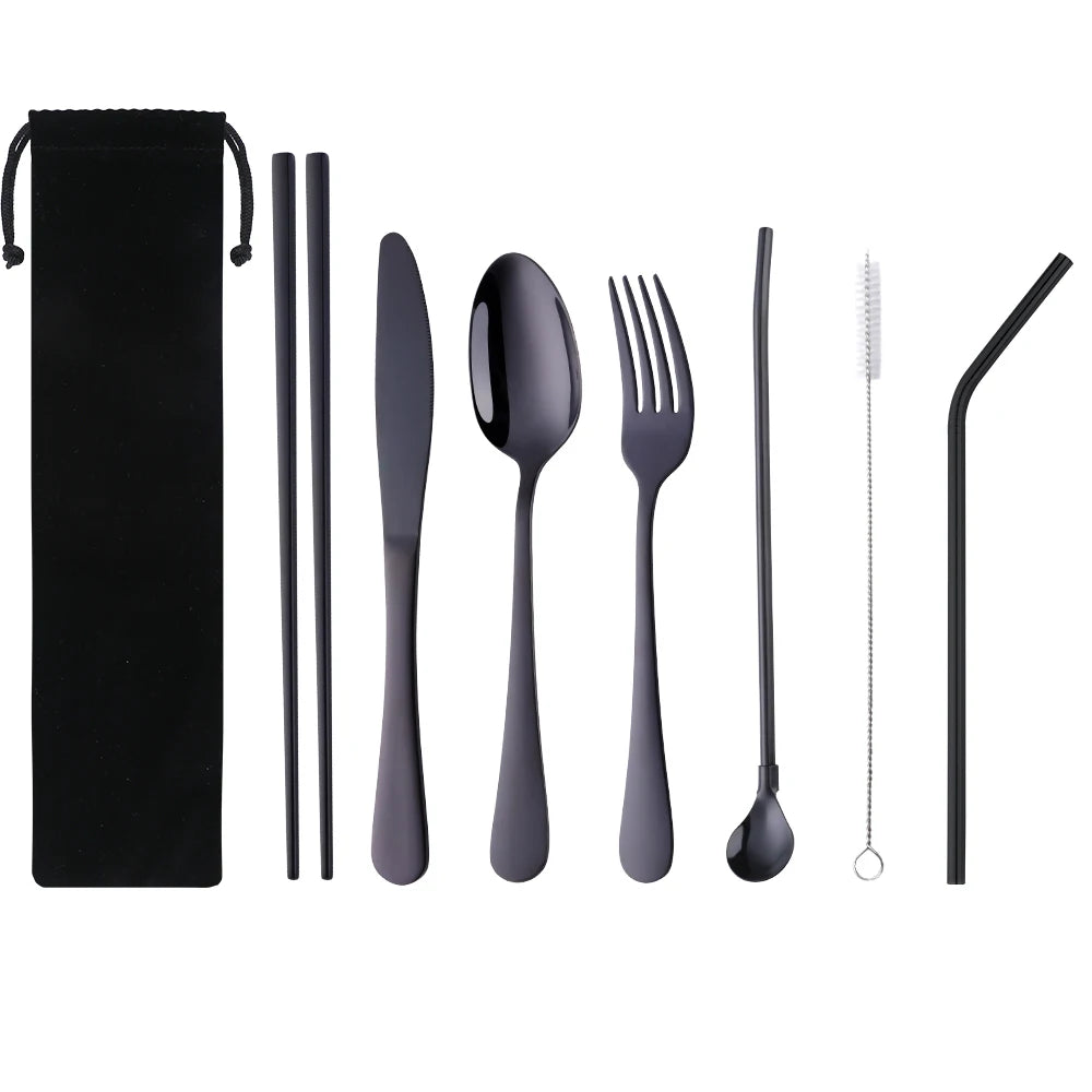 7 Pieces Set Stainless Steel Cutlery Sets Portable Gold Travel Flatware Set with Bag