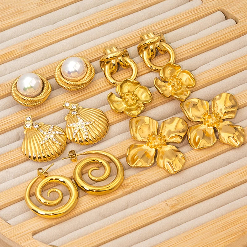 Powell 18K Gold Plated Trendy Style Stud Earrings Set Wholesale Stainless Steel with Geometric Pattern and Zircon Main Stone