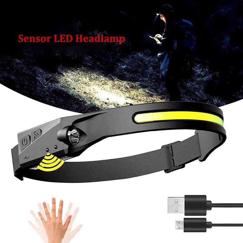 Lightweight USB Rechargeable LED COB Headtorch Portable Hands Wave Motion Sensor LED Headlight Headlamp for Camping Fishing