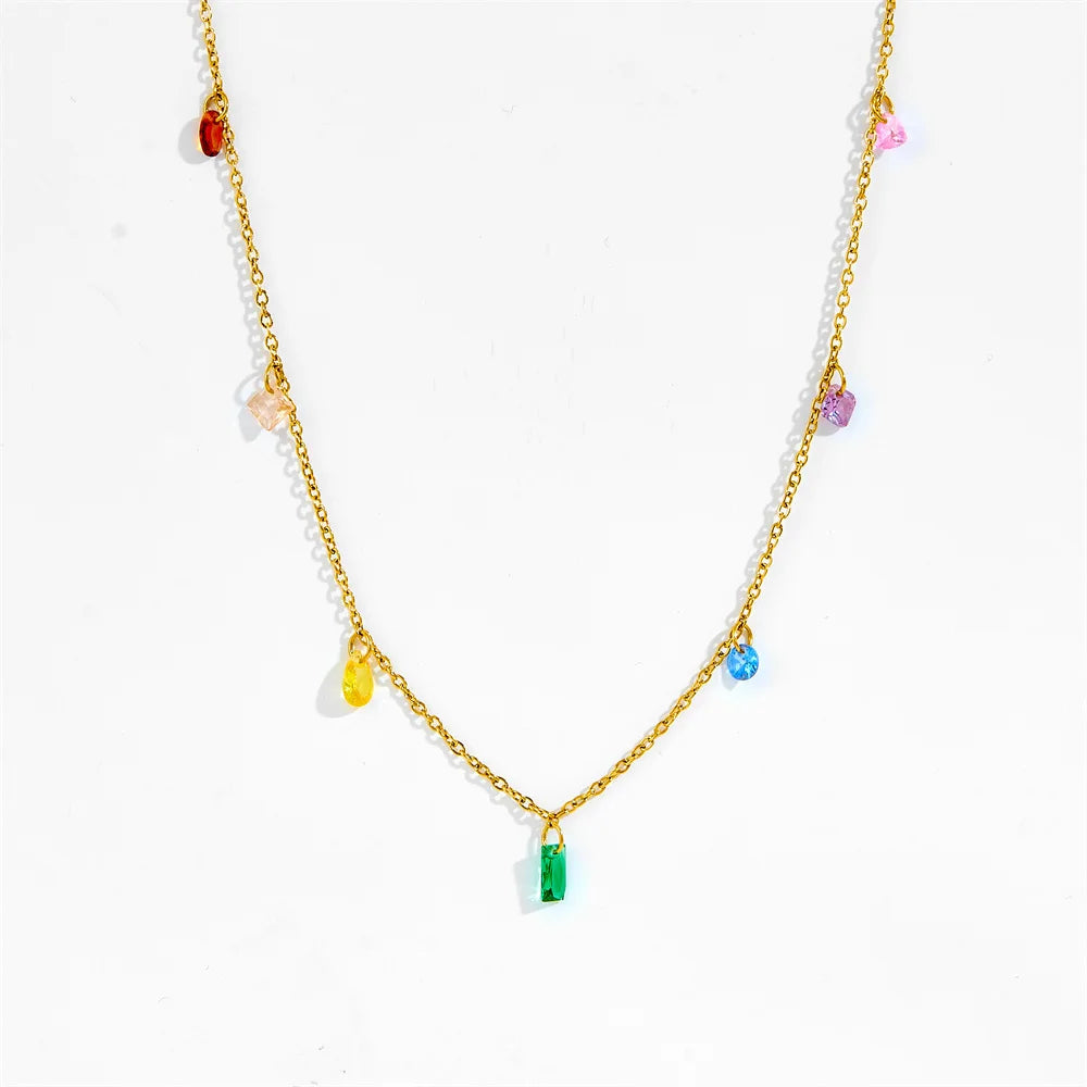 MECYLIFE Multi Color Crystal Necklace Bohemia Summer Jewelry Charm Necklace Stainless Steel 18K Gold Jewelry Minimalist Necklace
