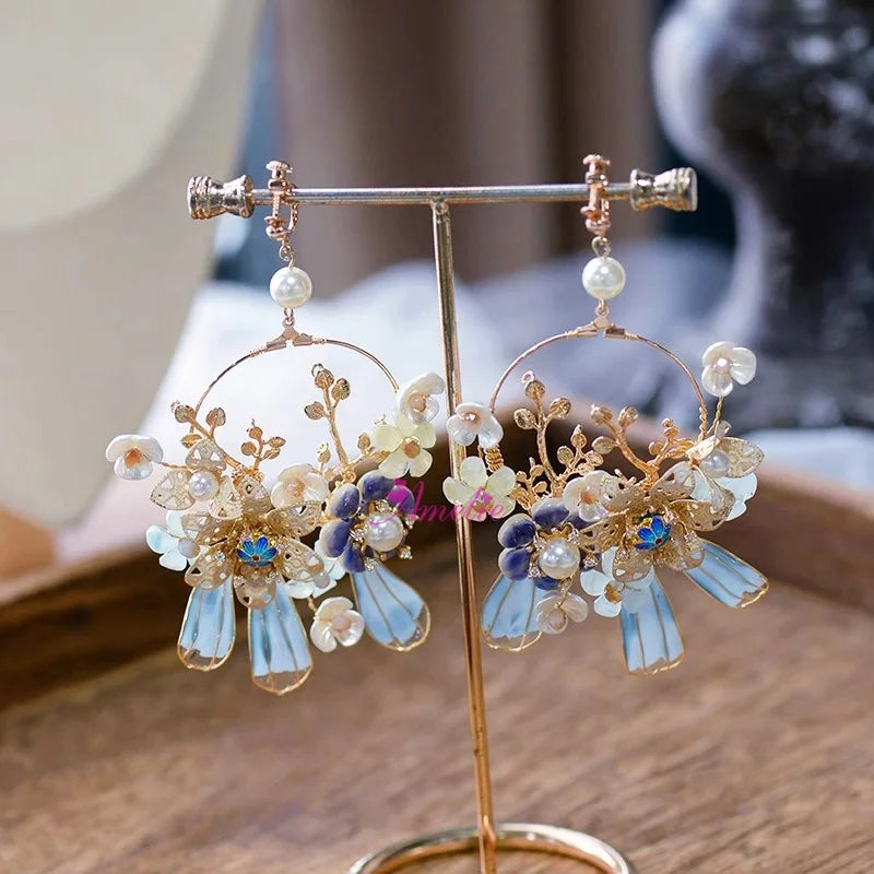 Handmade Blue Petals Liquid Resin Clip-On Earrings for Wedding Prom or Party Versatile Jewelry Decoration or Gift
