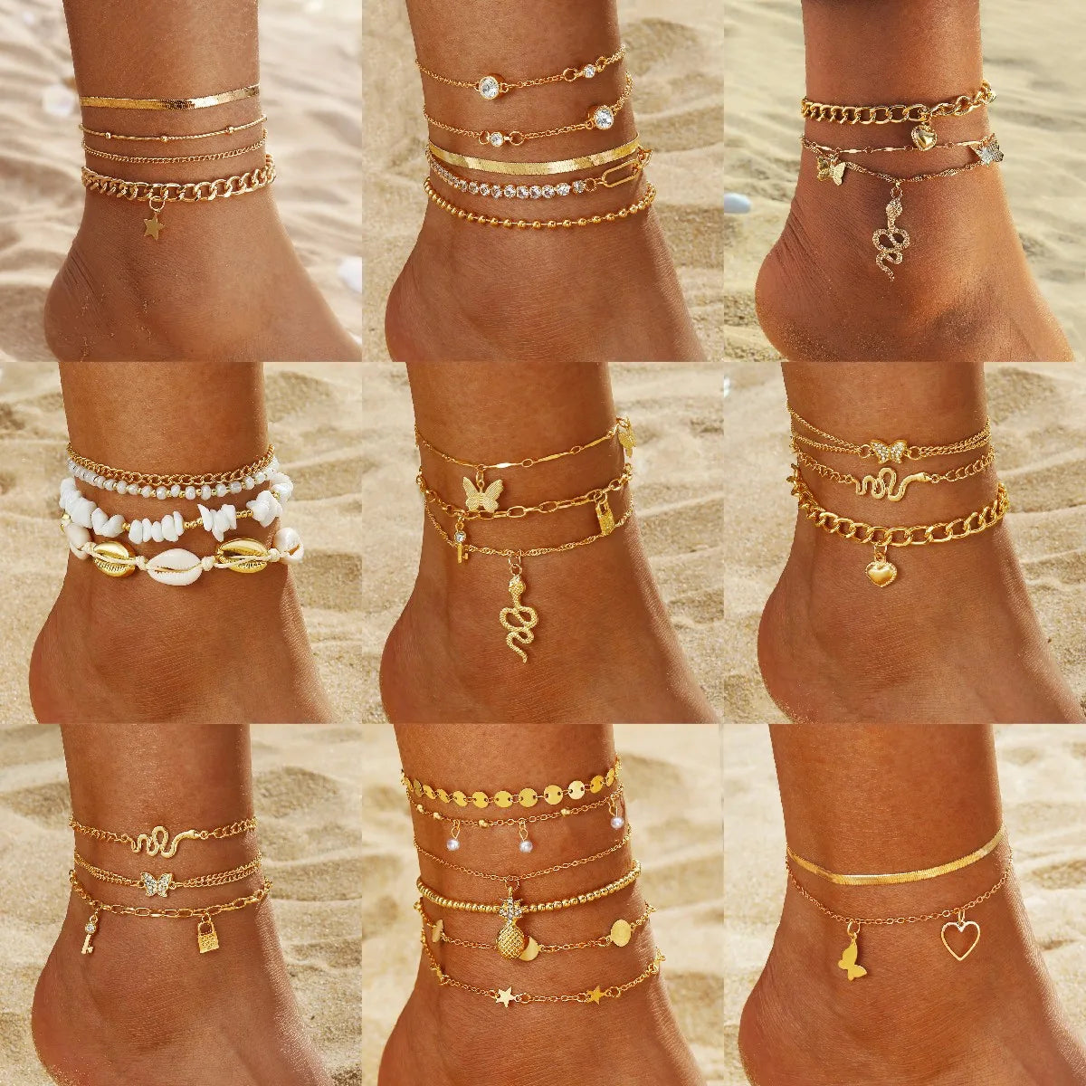 New Boho Women Diamond Gold Chain Heart Butterfly Anklet Jewelry Set Heart Pineapple Crystal Beach Anklet Bracelets Foot Chain