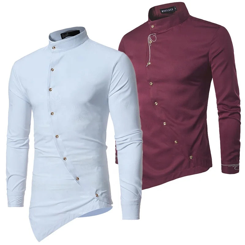 Mens Shirts Asymmetrical Button up Top Ethnic Wear African Clothing Wedding Party Dresses White Floral Shirt