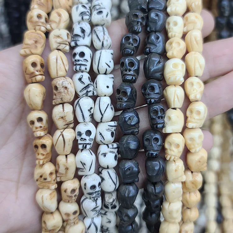 OB114 Ancient Black White Brown Hand Carved Natural Ox Bone Skull Ghost Beads Bone Skeleton Beads
