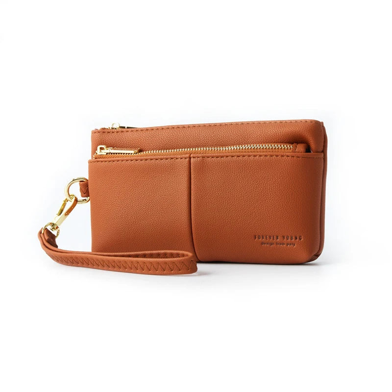 Handle Ladies Cluth Purse Women Wallet with Wrist Strap Long Leather Card Holder Hand Bags with Zipper & Hasp