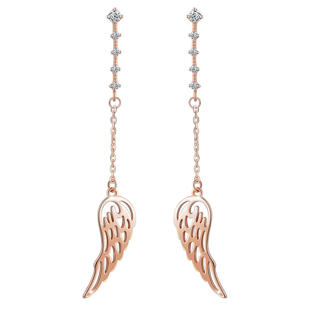 Vintage Jewelry Long Tassel Angel Wing Temperament Rose Gold Plated 925 Sterling Silver Hanging Earrings