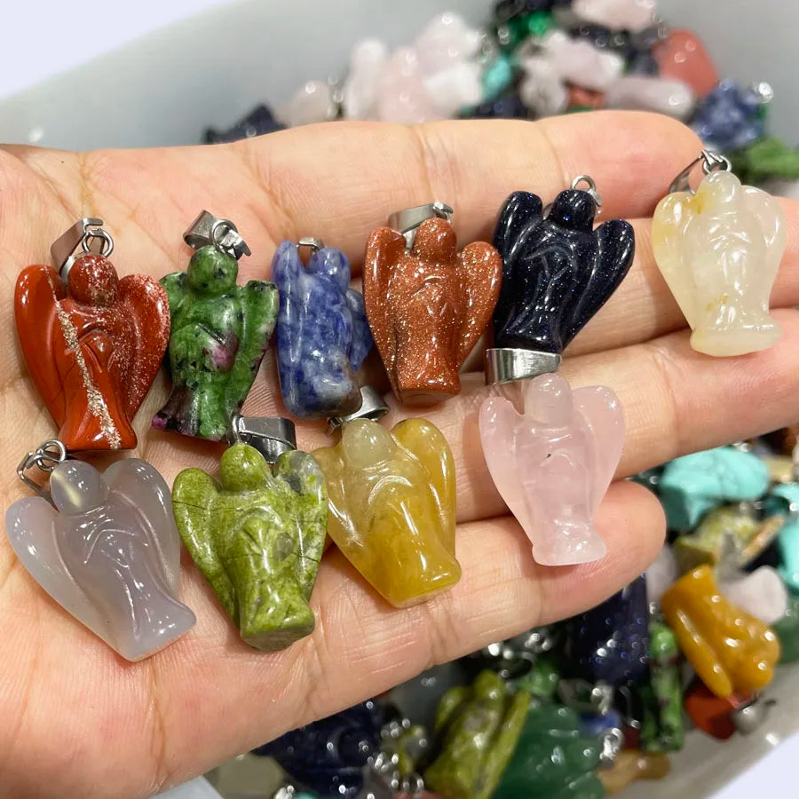 Wholesale Natural Crystal Gemstone Angel Pendant Mixed Carved Angel Statue Pendants for Jewelry Necklace