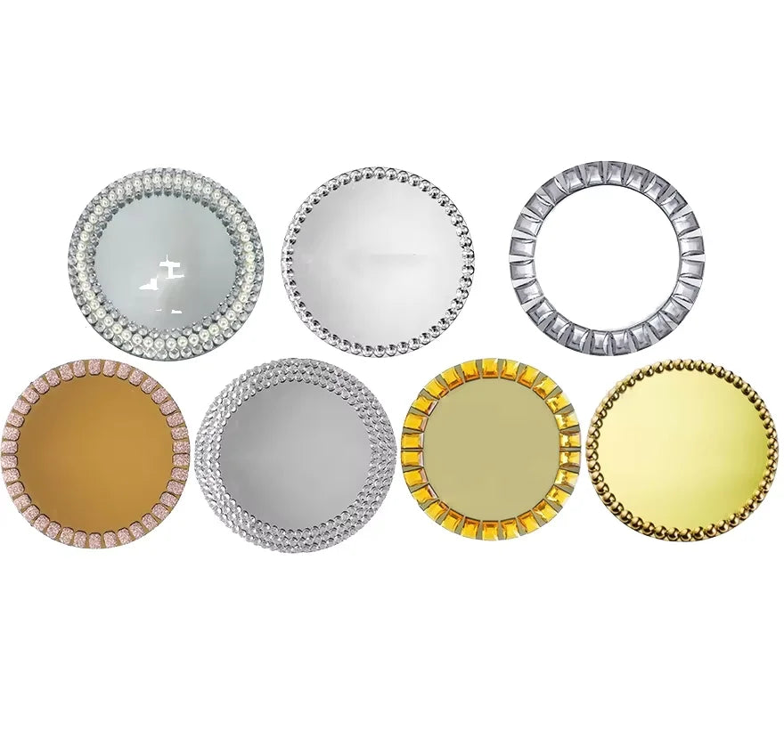 13inch Gold Diamond Glass Wedding Decorative  Mirror Glass Wholesale Under Serving Plates