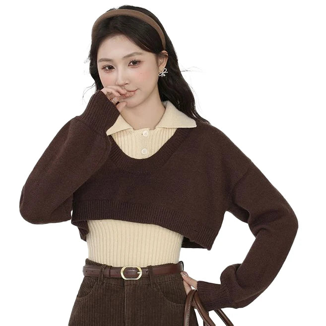 Spring Autumn Retro Knit Set Fashion Short Knit Pullover and Knit Vest and A-line Skirt Set Knitted Three-Pieces Set for Women