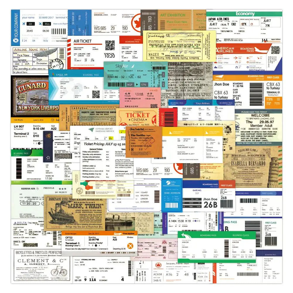 53Pcs Boarding Pass Stickers Custom Waterproof Decorative Journal Cartoon Stickers Scrapbook Supplies Retro Plean Ticket Sticker