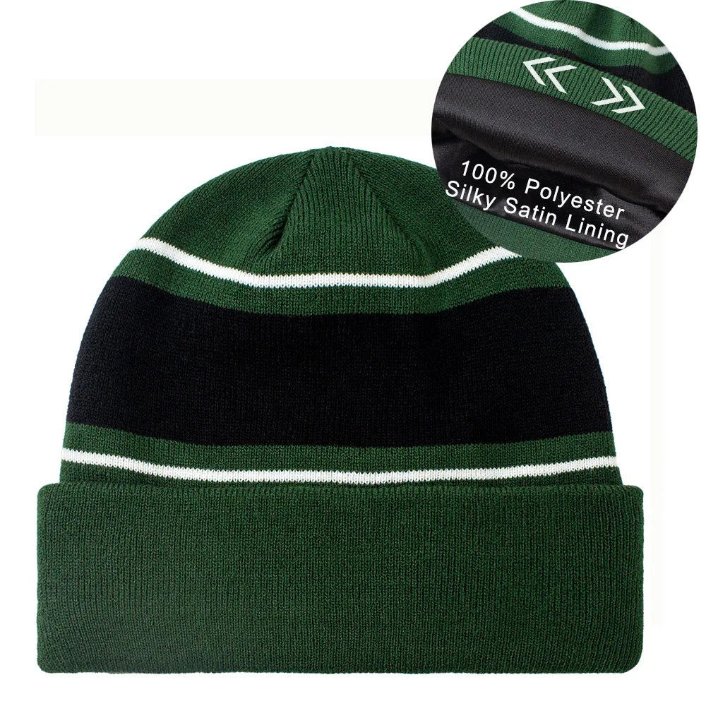 Custom Embroidery Logo Winter Beanie Silky Satin Lined Character Striped Dobby Acrylic Knit Customizable Colors Beanies Hat