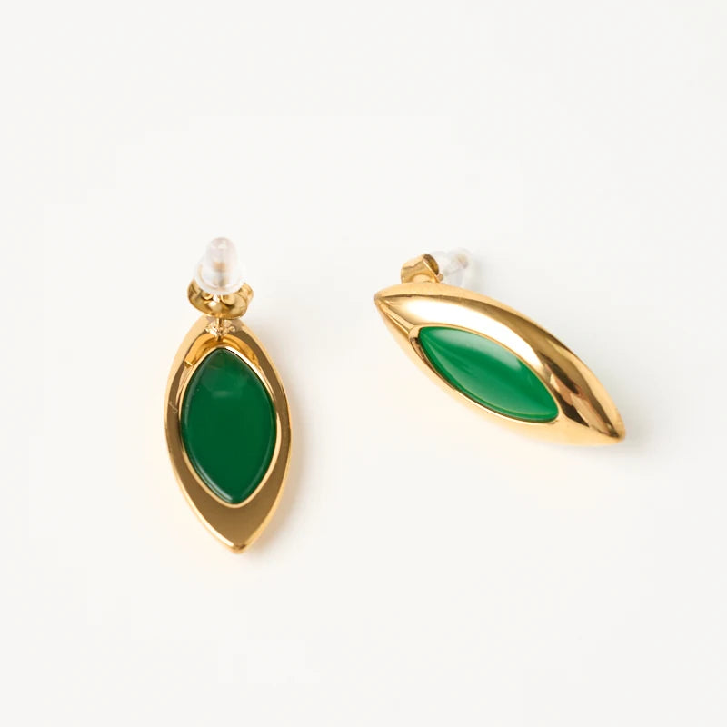High End Vintage 18k Gold Plated Stainless Steel Simple Green Agate Earrings Jewelry Dropshipping