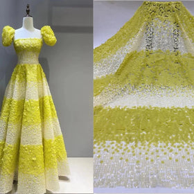 Wholesale Price Yellow Tulle Lace Dress Fabric Indian African Embroidered Gradient Sequin Border for Girls