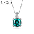 CZCITY 925 Emerald Cushion Cut Zircon Pendant Necklace Sterling Silver Gemstone Jewelry for Women Engagement Gift